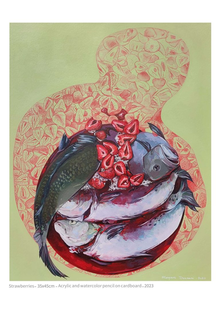 Strawberries - 35x45 cm - acrylic and watercolor pencil on cardboard - 2023
