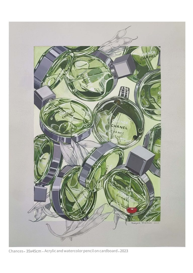 Chances- 35x45 cm - acrylic and watercolor pencil on cardboard - 2023