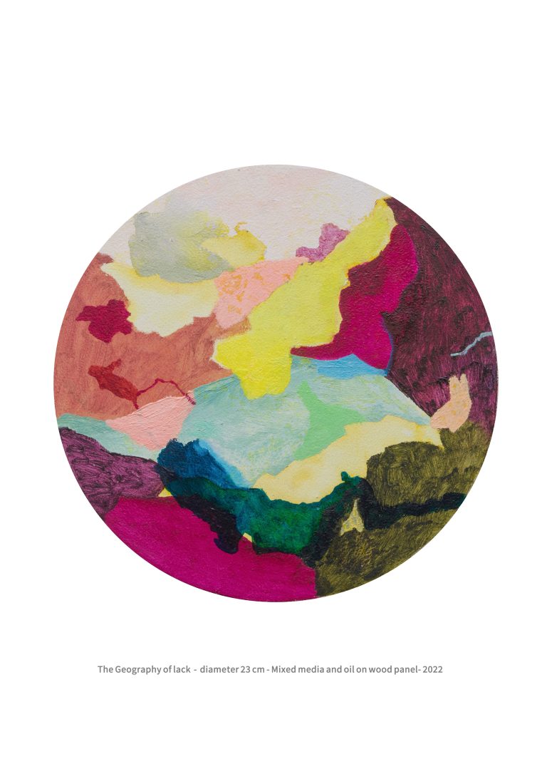 The Geography of lack - diameter 23 cm - Mixed media and oil on wood panel - 2022