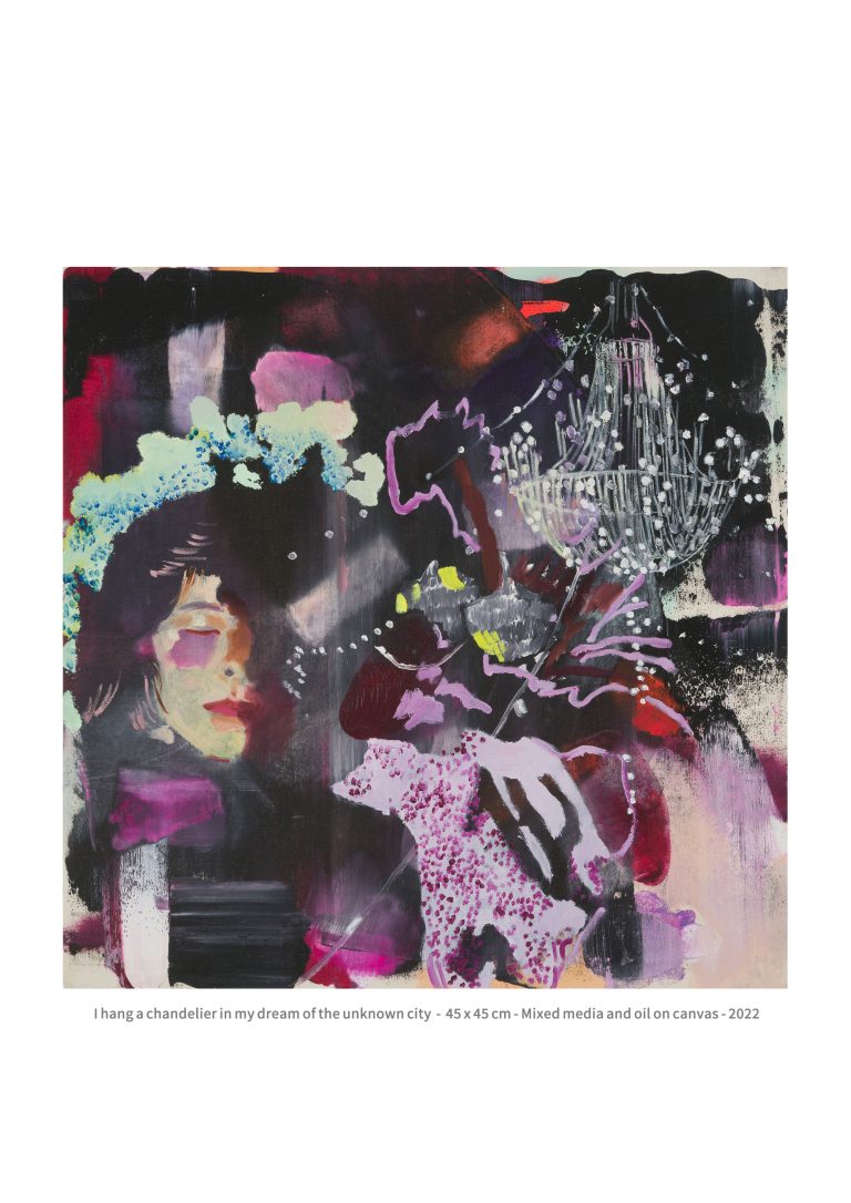 I hang a chandelier in my dream of the unknown city - 45x45 cm - Mixed media and oil on canvas - 2022